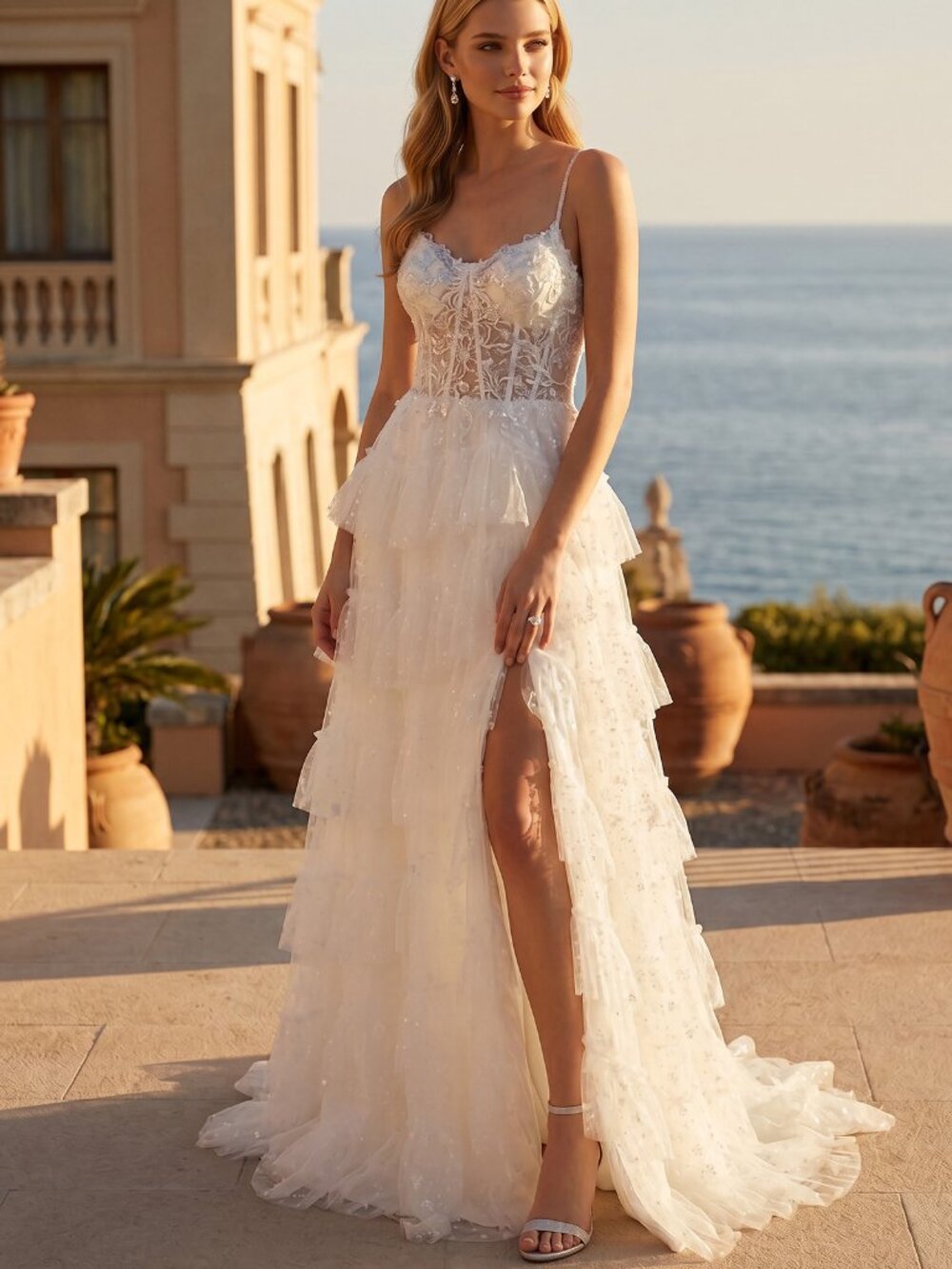 OFF WHITE WEDDING DRESS, LACE APPLIQUE BEADED CORSET LACE UP BACK LAYERED SKIRT